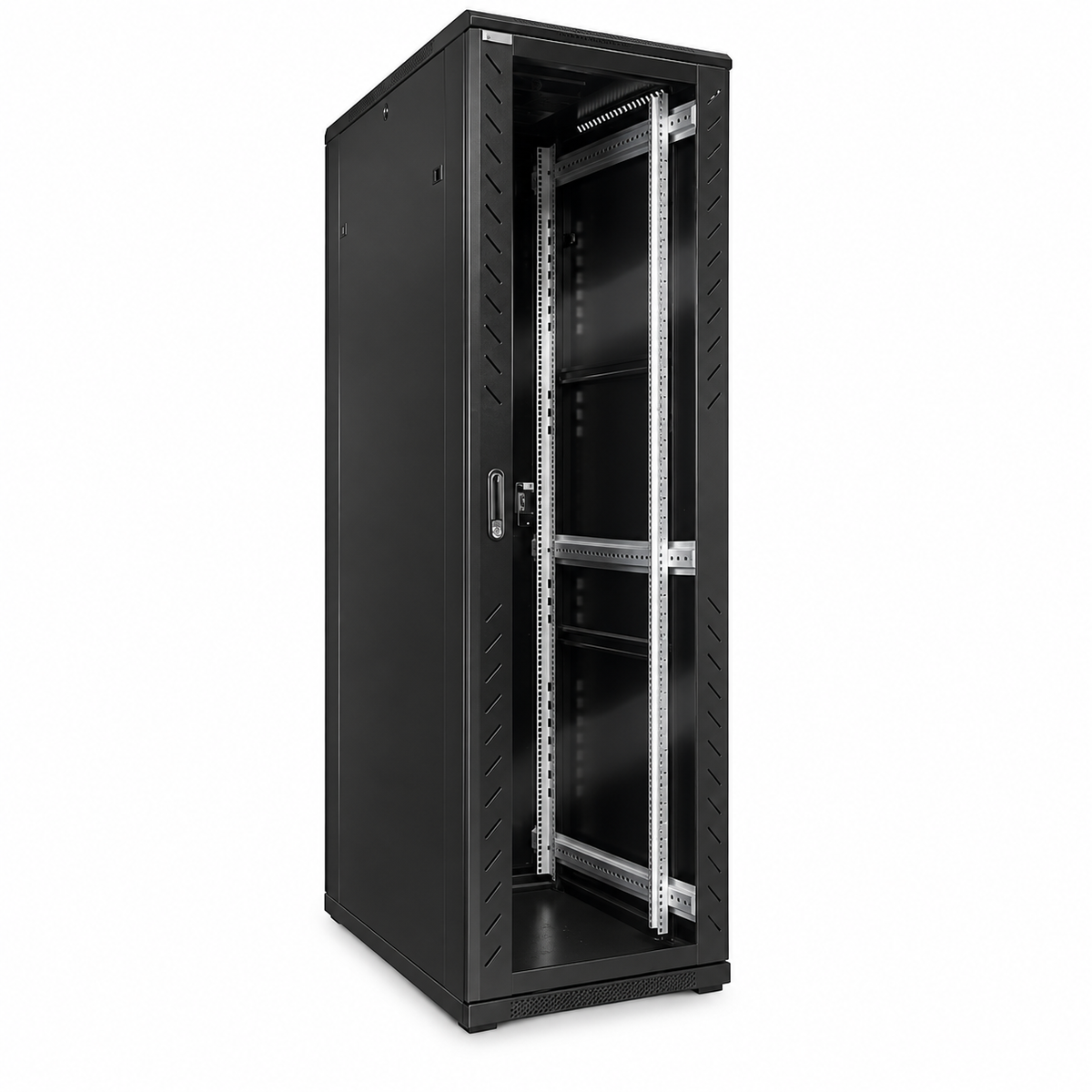 Szafa rack CobiCabling RC11-6242 42U z zamkniętymi szklanymi drzwiami, widok z przodu pod kątem