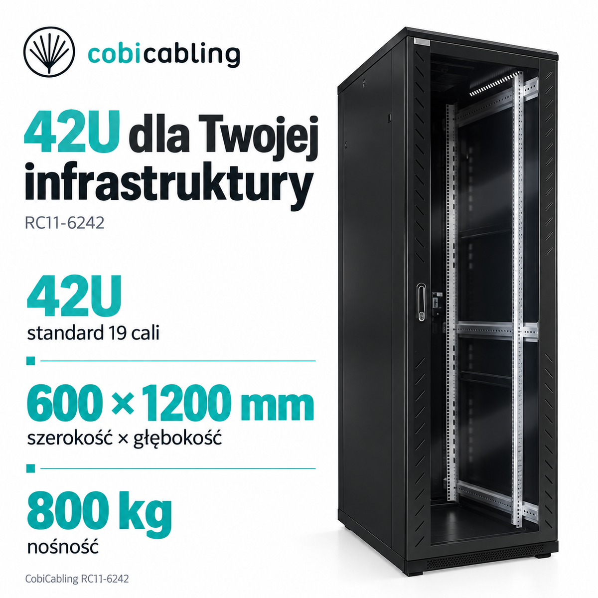 CobiCabling RC11-6242: 42U, standard 19 cali, szerokość 600 mm, głębokość 1200 mm, nośność 800 kg