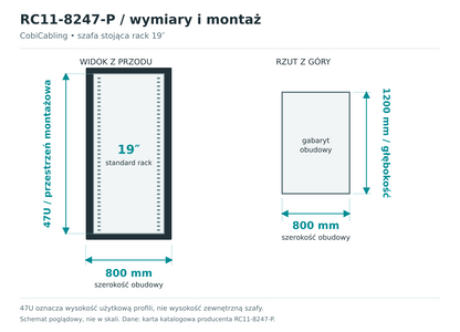 RC11-8247-P — schemat wymiarów obudowy i przestrzeni montażowej 19 cali
