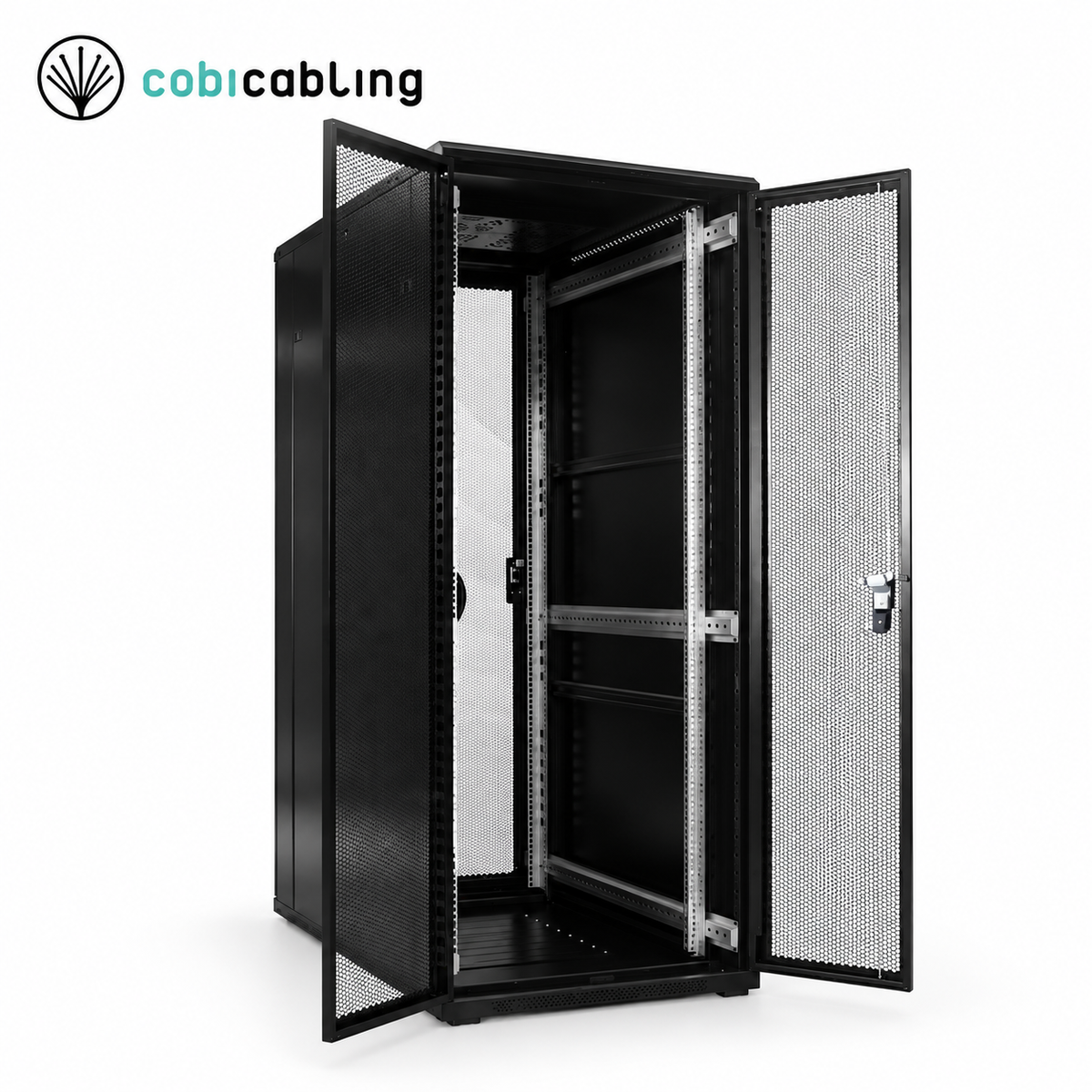 Szafa rack 19″ CobiCabling RC11 27U, szerokość 600 mm, drzwi perforowane – otwarta, widok z przodu