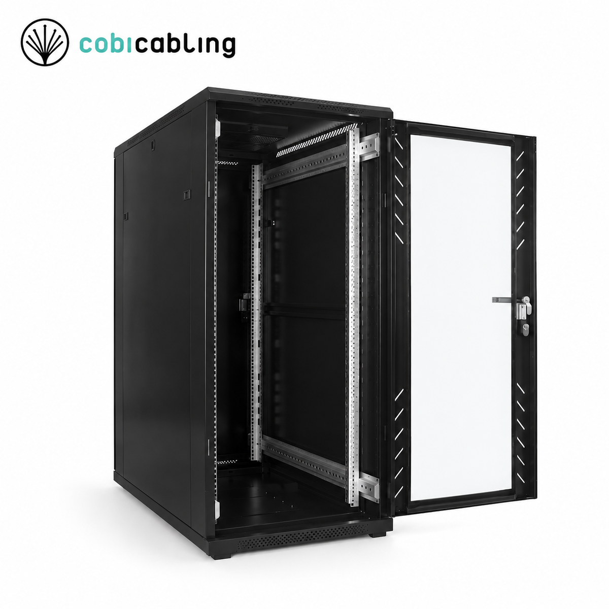 Szafa rack 19″ CobiCabling RC11 27U, szerokość 600 mm, szklane drzwi – otwarta, widok z przodu
