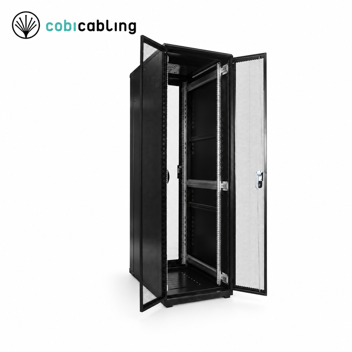 Szafa rack 19″ CobiCabling RC11 42U, szerokość 600 mm, drzwi perforowane – otwarta, widok z przodu