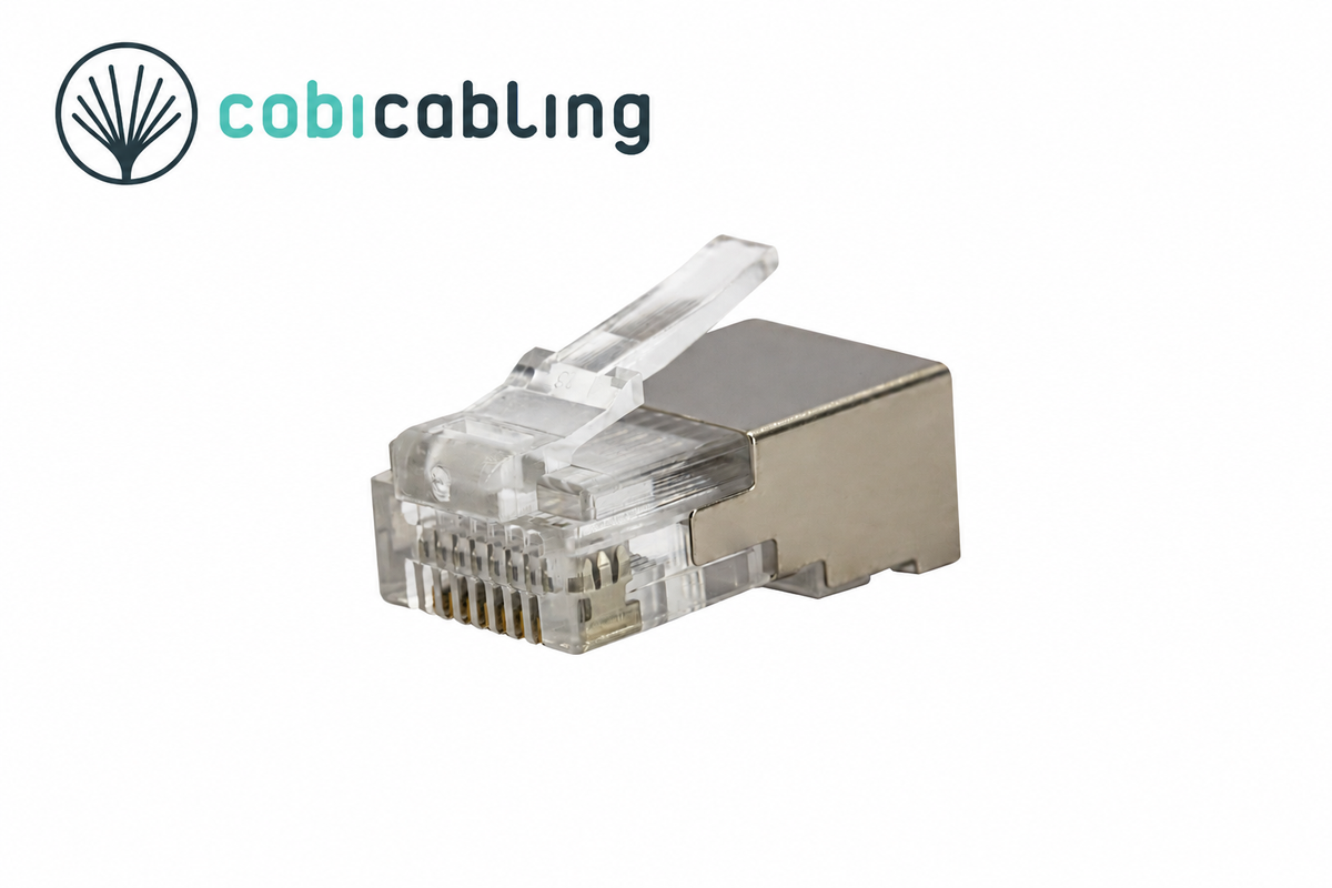 Wtyk RJ45 CobiCabling kat. 6A STP na drut – WE8P8C-RJ45-F6A – widok główny z logo CobiCabling