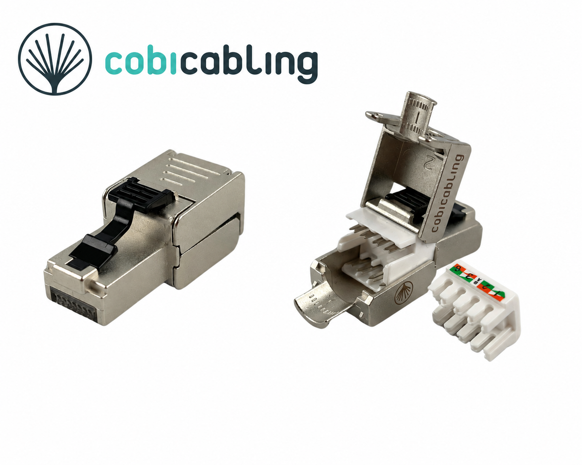 Wtyk RJ45 CobiCabling kat. 6A STP beznarzędziowy – C27-1001 – widok główny z logo CobiCabling