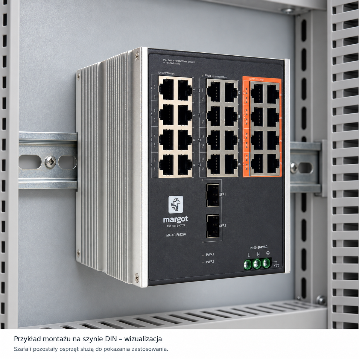 Wizualizacja montażu switcha MA-AC-F81226 na szynie DIN w szafie instalacyjnej