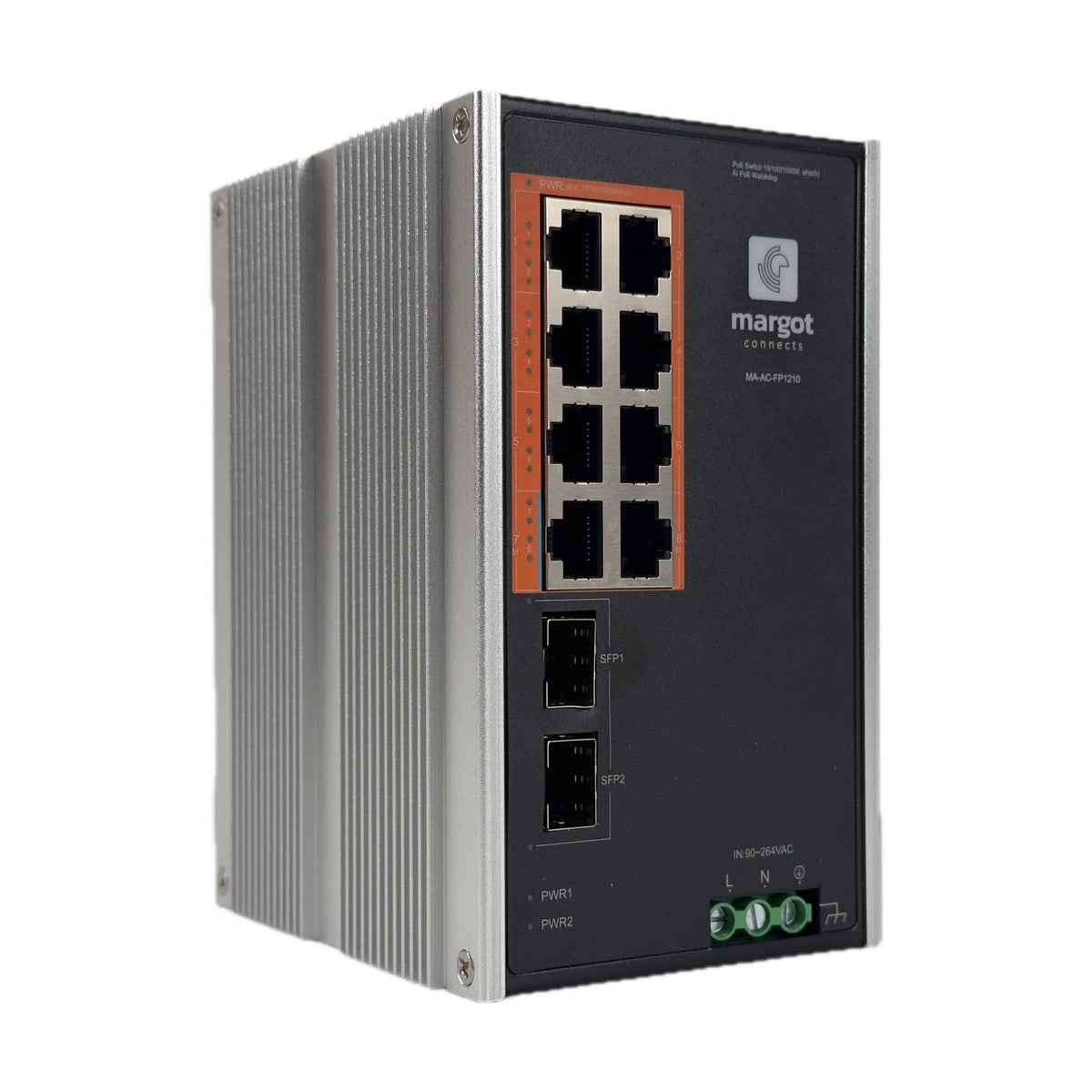 MA-AC-FP1210 – widok z przodu i boku, 8 portów RJ45 PoE i 2 gniazda SFP