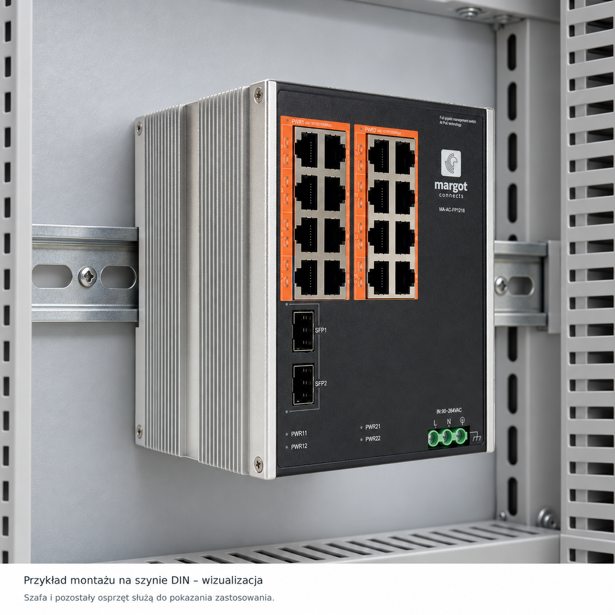 Wizualizacja montażu switcha PoE MA-AC-FP1218 na szynie DIN w szafie instalacyjnej
