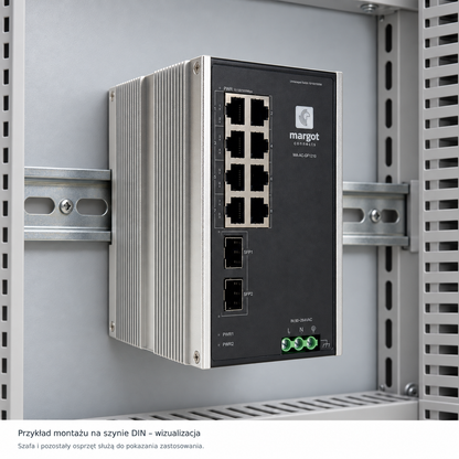 Wizualizacja montażu switcha MA-AC-GF1210 na szynie DIN w szafie instalacyjnej