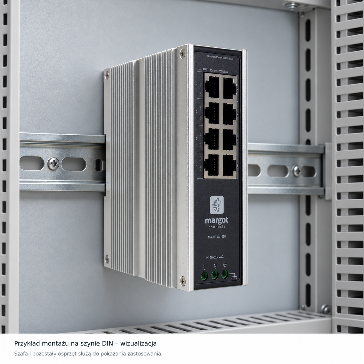 Wizualizacja montażu switcha MA-AC-GL1008 na szynie DIN w szafie instalacyjnej