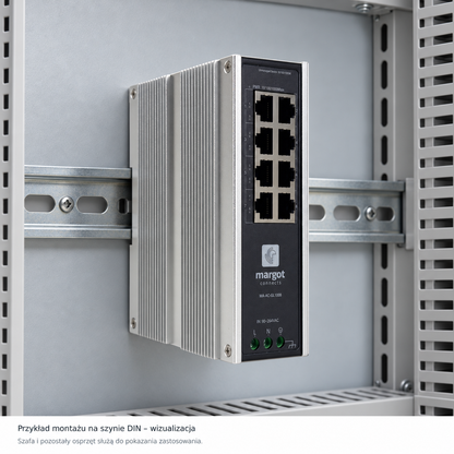 Wizualizacja montażu switcha MA-AC-GL1008 na szynie DIN w szafie instalacyjnej
