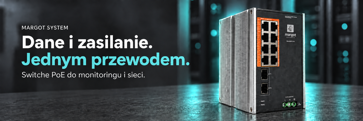 MARGOT SYSTEM — Dane i zasilanie. Jednym przewodem. Baner komputerowy ze switchem PoE i turkusowymi akcentami.