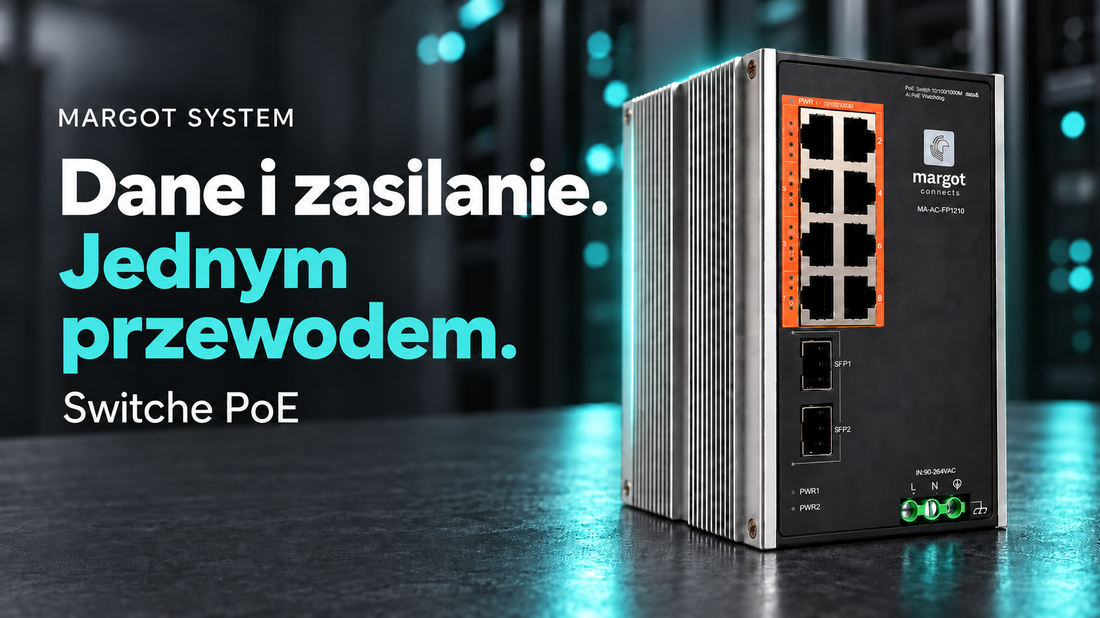 MARGOT SYSTEM — Dane i zasilanie. Jednym przewodem. Baner mobilny ze switchem PoE i turkusowymi akcentami.
